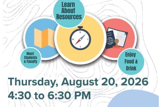 Decorative flyer for New Grad Student Orientation, includes exploration imagery