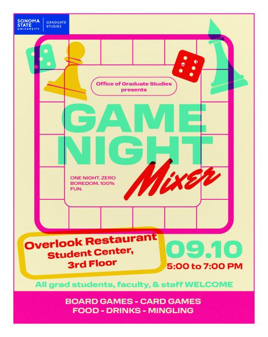 Decorative flyer for mixer, includes game pieces and dice
