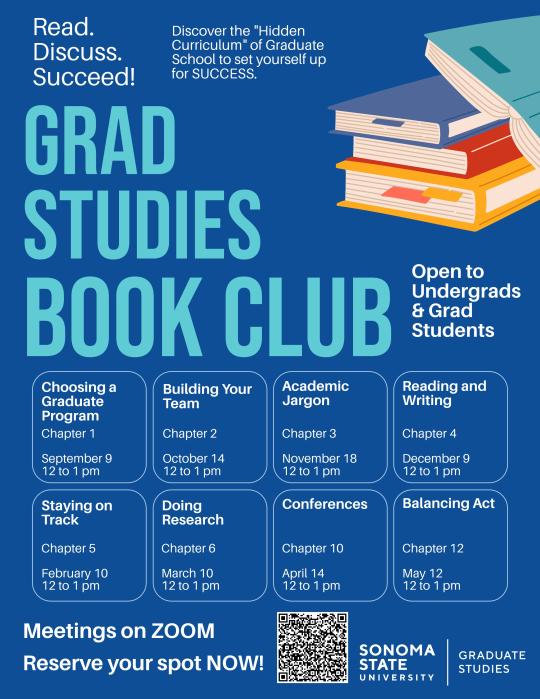 Flyer for Grad Studies Book Club including dates and QR code to RSVP