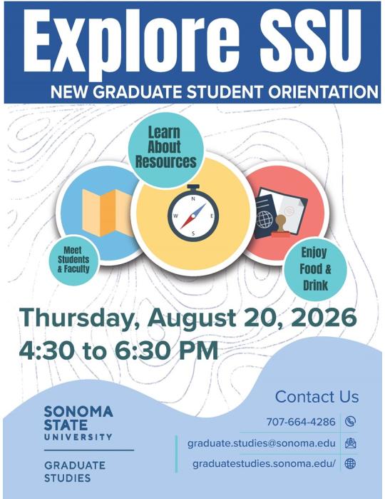Decorative flyer for New Grad Student Orientation, includes exploration imagery