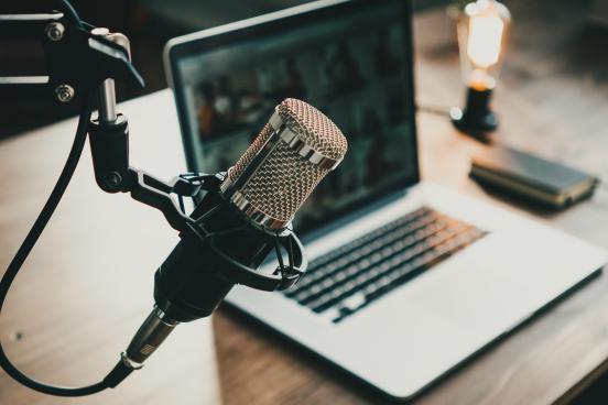 Stock image of microphone & podcast recording set up