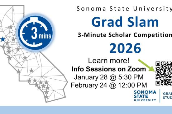 Flyer including QR code for Grad Slam Info Sessions
