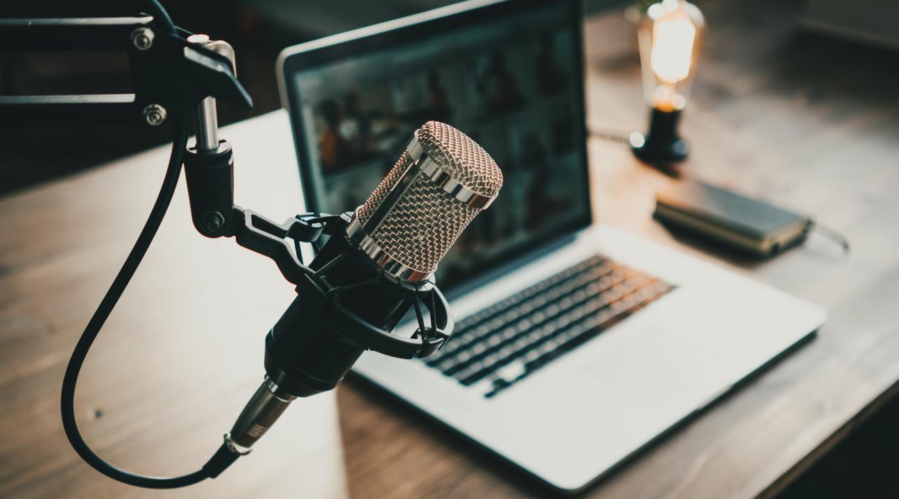 Stock image of microphone & podcast recording set up