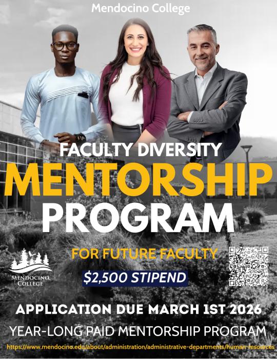 Decorative flyer for the Faculty Diversity Mentorship Program at Mendocino College