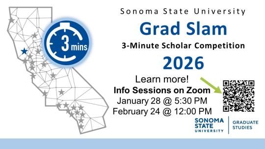 Flyer including QR code for Grad Slam Info Sessions